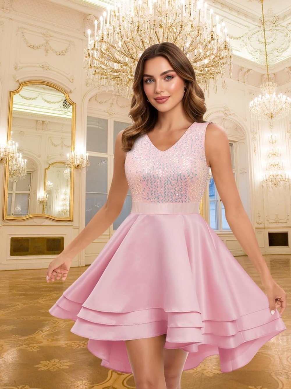 Pink Embellished V-Neck Party Dress